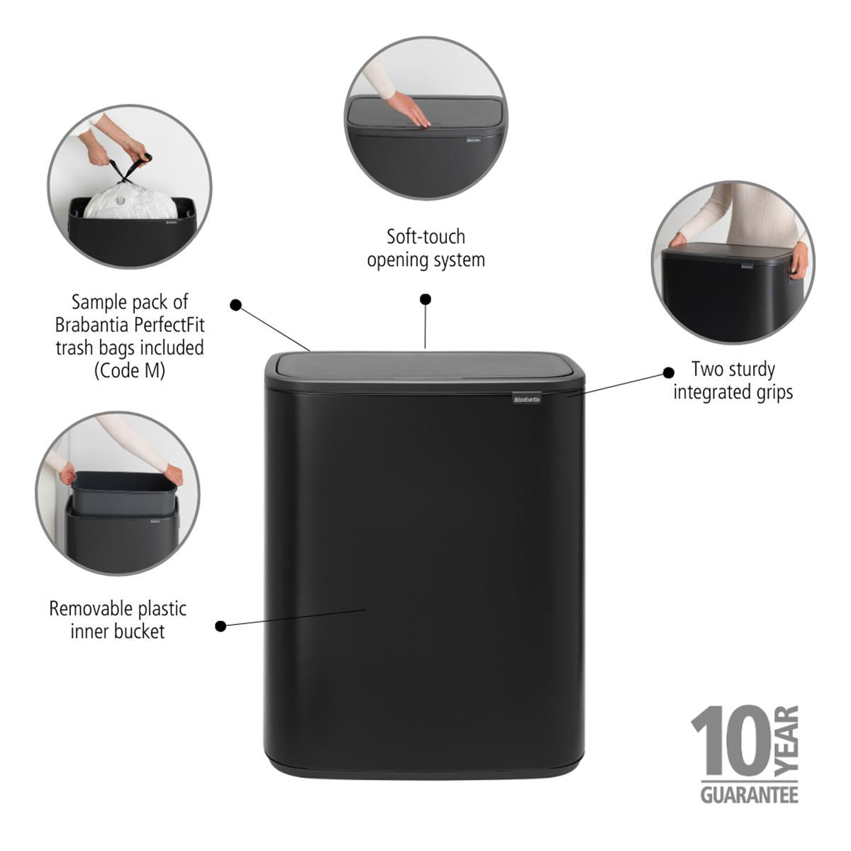 Matt Black Brabantia Bo Touch Bin 60 Litre Product Features