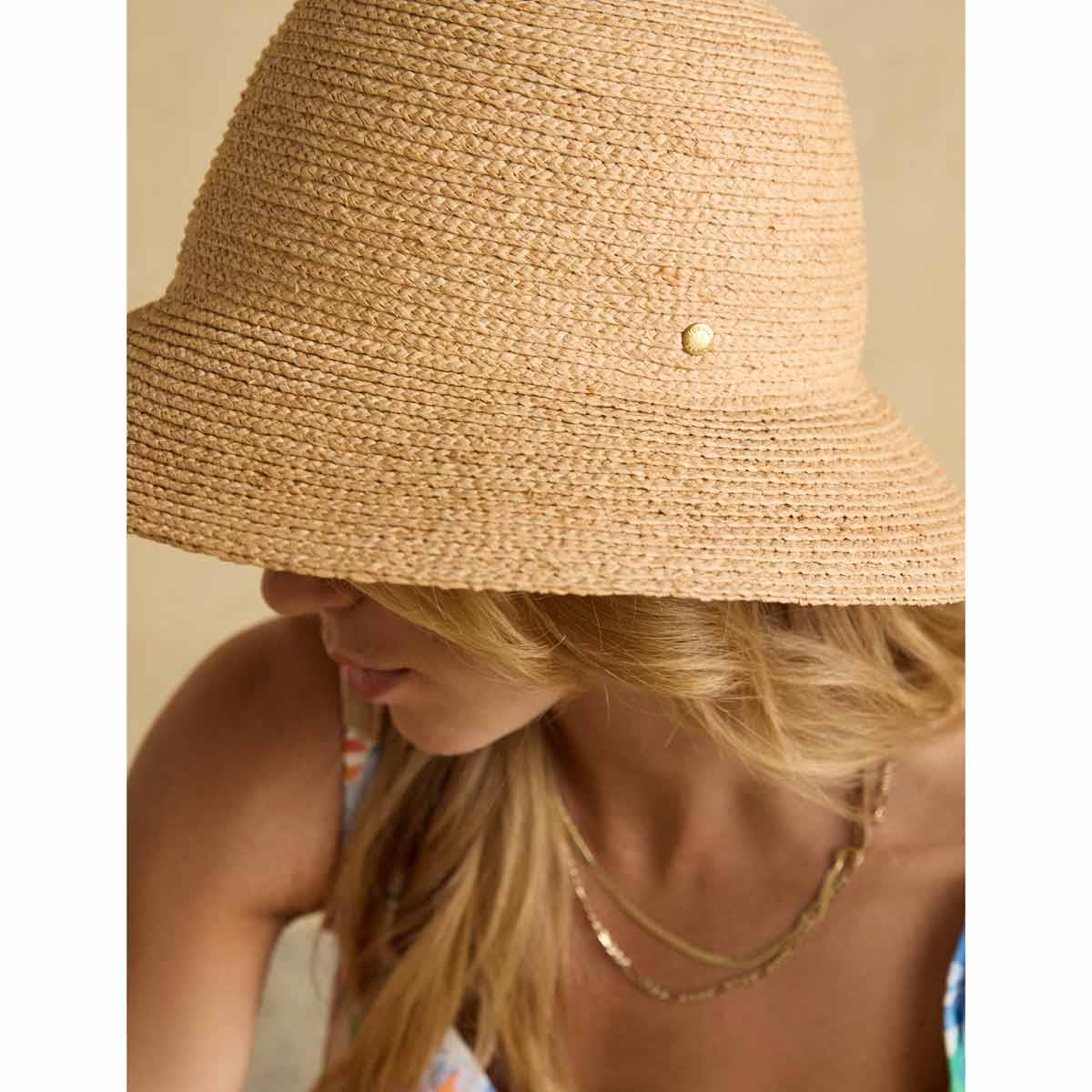 Joules Albany Straw Cloche Beach Hat On Model Detail