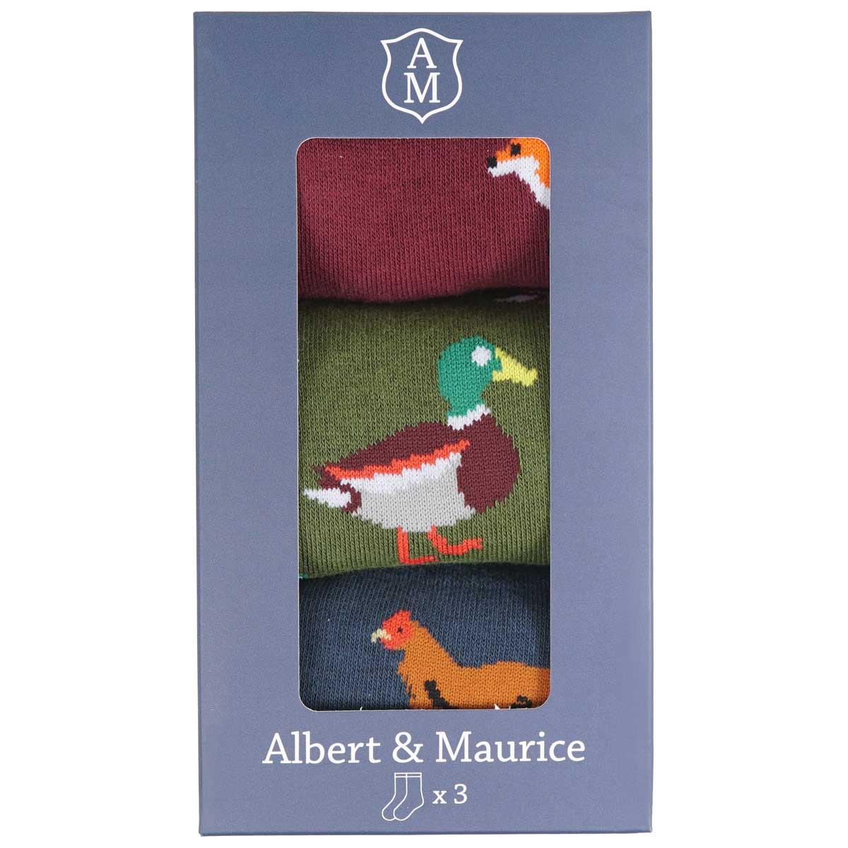 Albert and Maurice Mens Socks Gift Set Pack Of 3 Red Fox/Green Duck/Blue Chicken