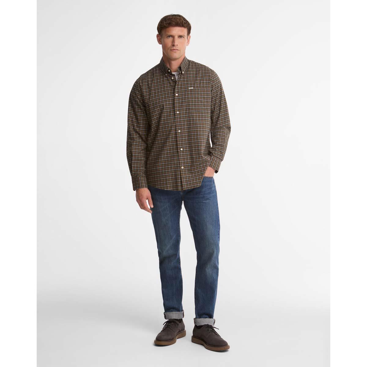 Olive Barbour Mens Alderwood Regular Fit Tattersall Shirt ON MODEL