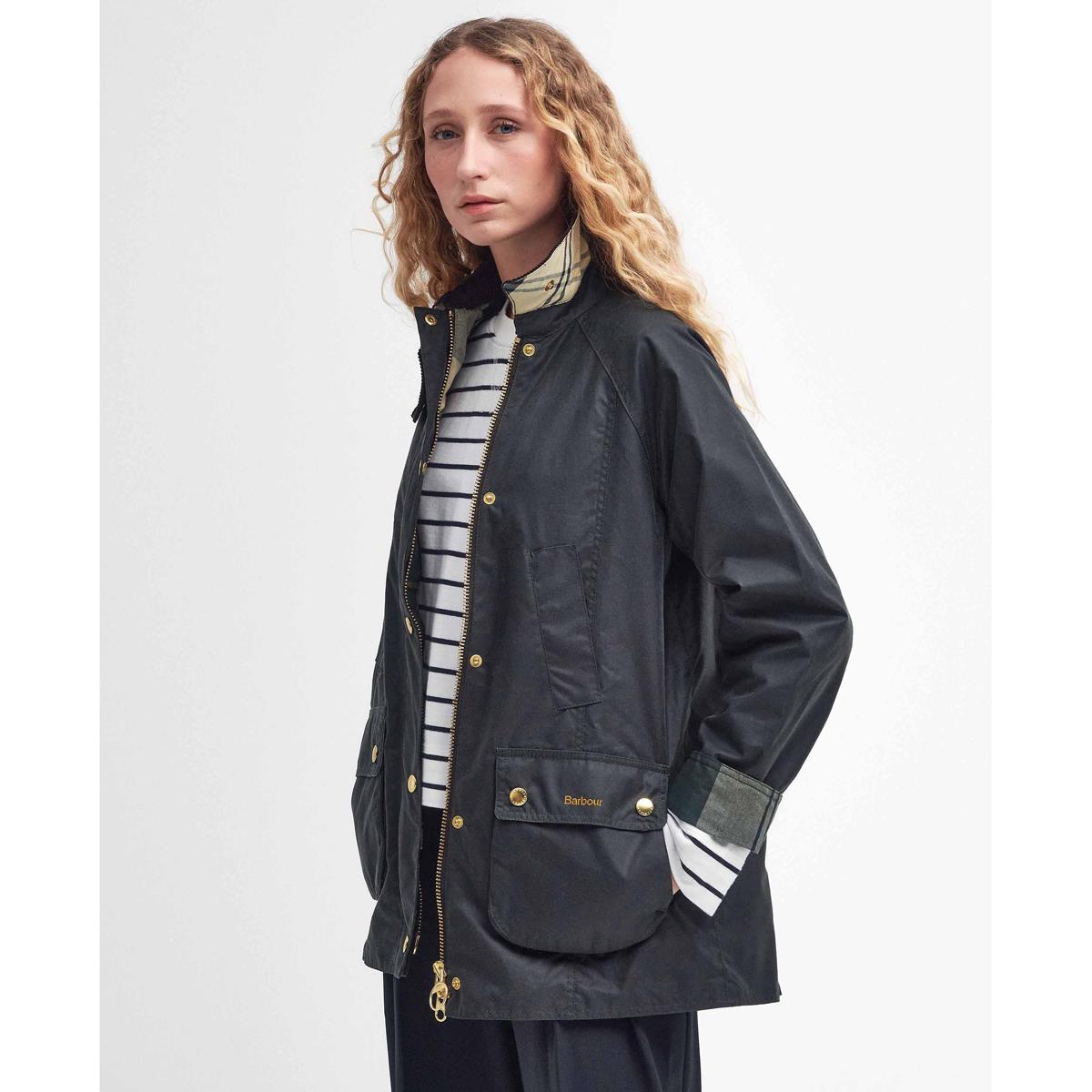Sage/Ancient Barbour Womens Modern Beadnell Wax Jacket On Model