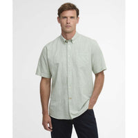 Loden Green Barbour Mens Fleming Linen Blend Regular S/S Shirt Front