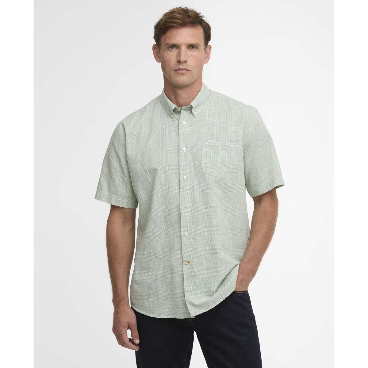 Loden Green Barbour Mens Fleming Linen Blend Regular S/S Shirt Front