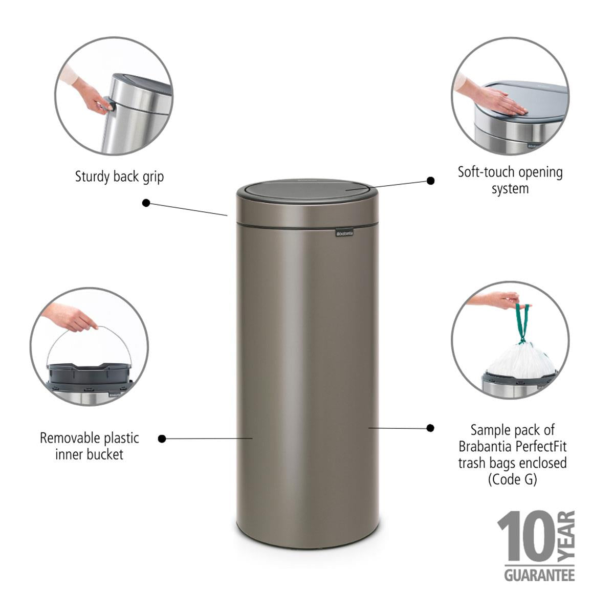 Platinum Brabantia Touch Bin New 30 Litre Product Features