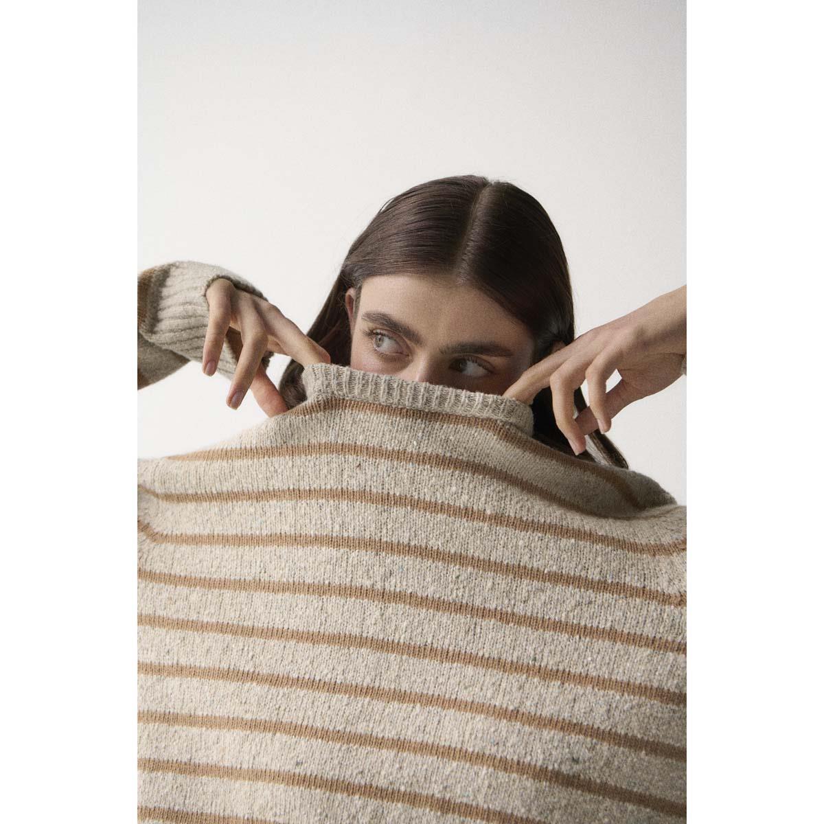 Oatmeal Stripe Barbour Womens Claydon Knitted Jumper Collar