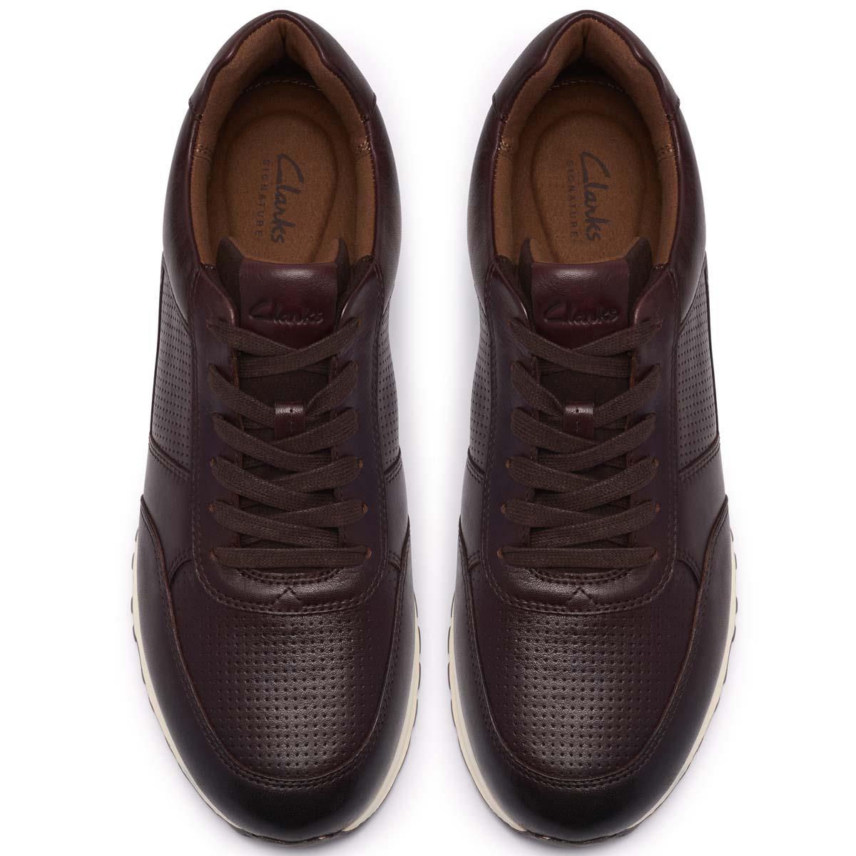 Brown Leather Clarks Mens Radwell Tie Trainers Top View