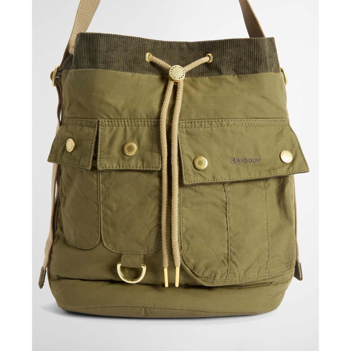 Dusky Green Barbour Mia Drawstring Tote Bag Pockets