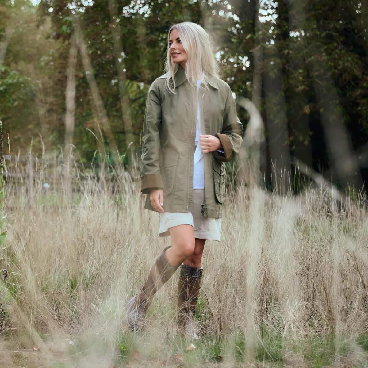 Dusky Green Dubarry Womens Delaney Wax Cotton Utility Jacket Lifestyle In Use