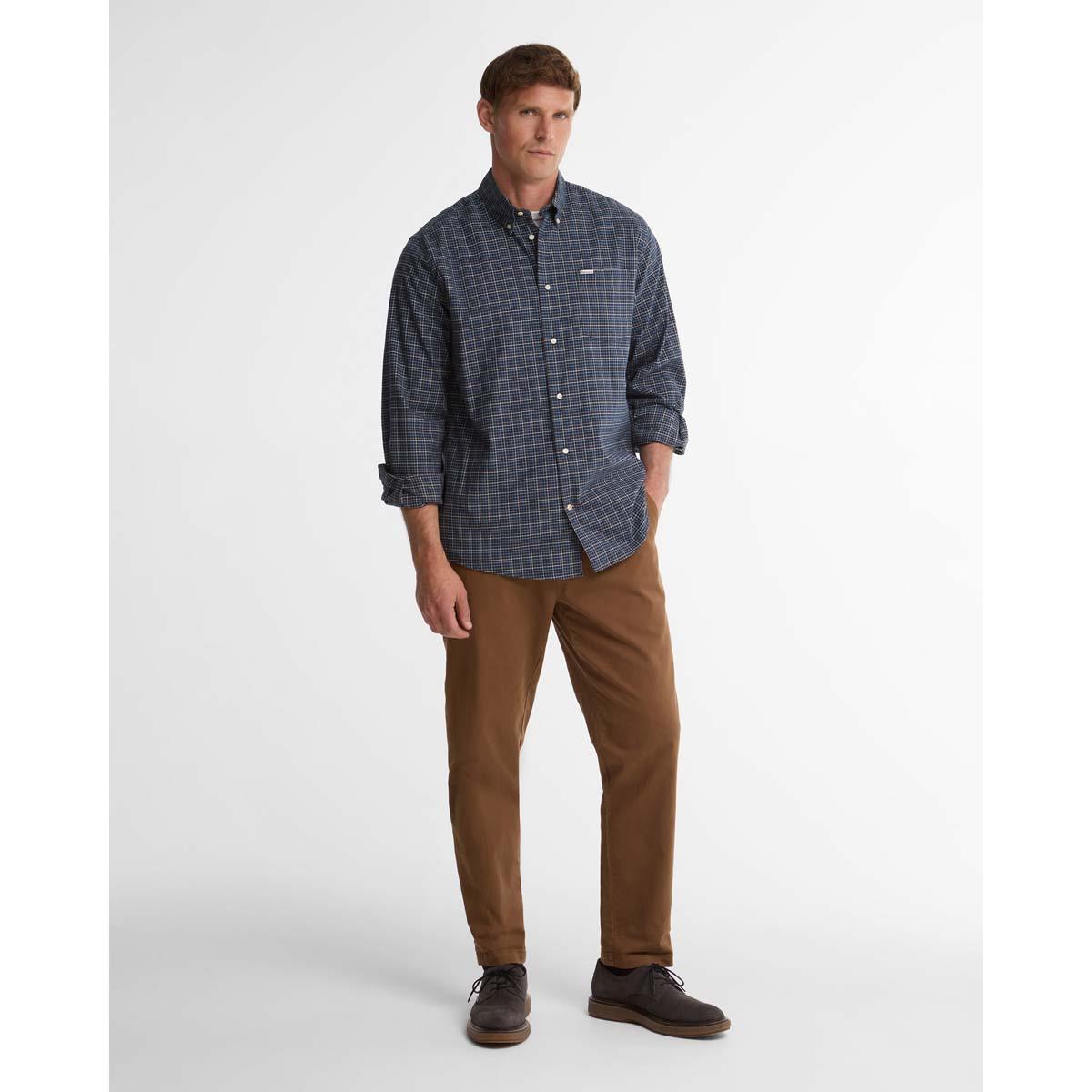 Navy Barbour Mens Alderwood Regular Fit Tattersall Shirt ON MODEL