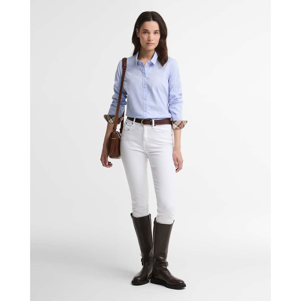 Pale Blue/Light Muted Tartan Barbour Womens Derwent Shirt ON MODEL