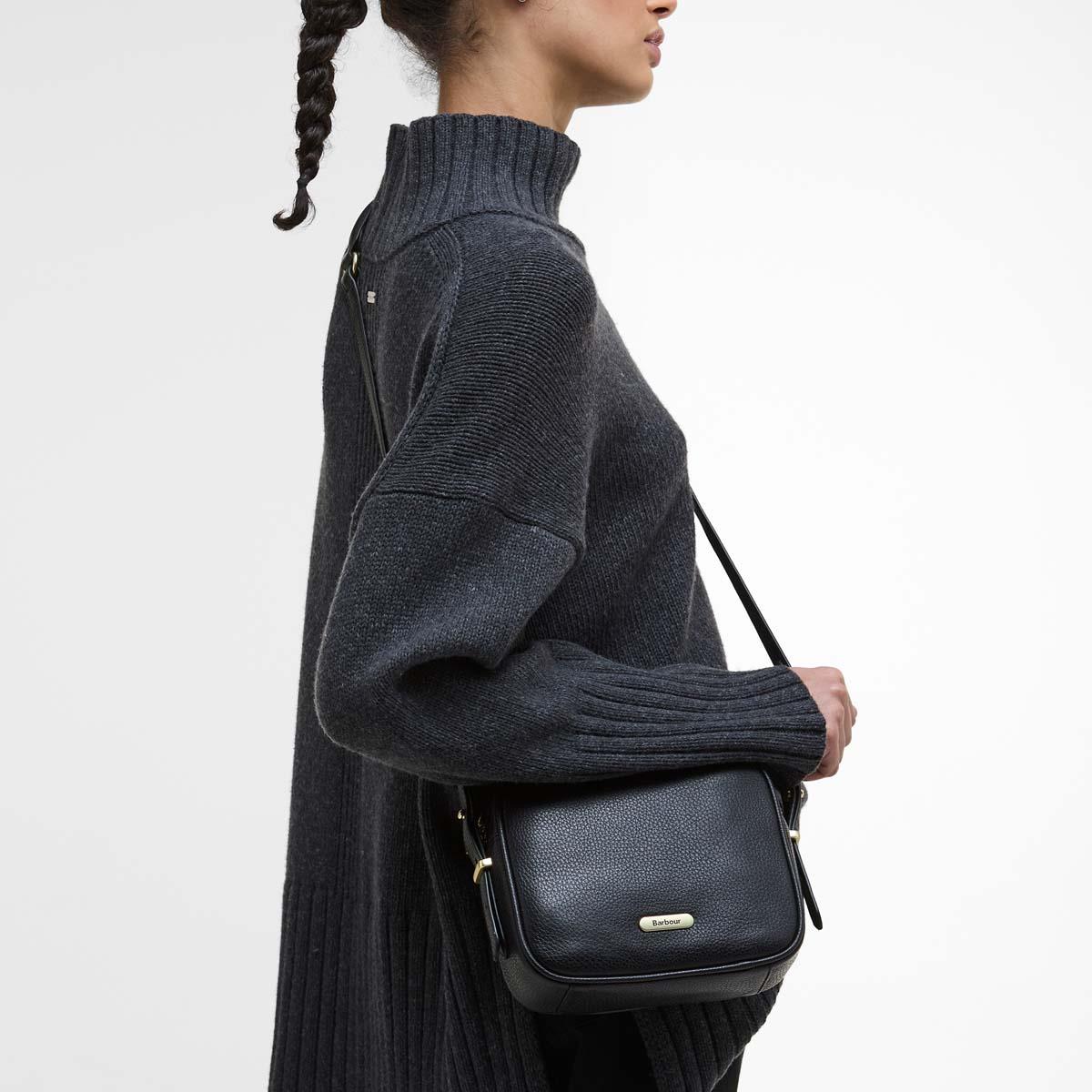 Black Barbour Womens Daphne Leather Crossbody Bag On Model