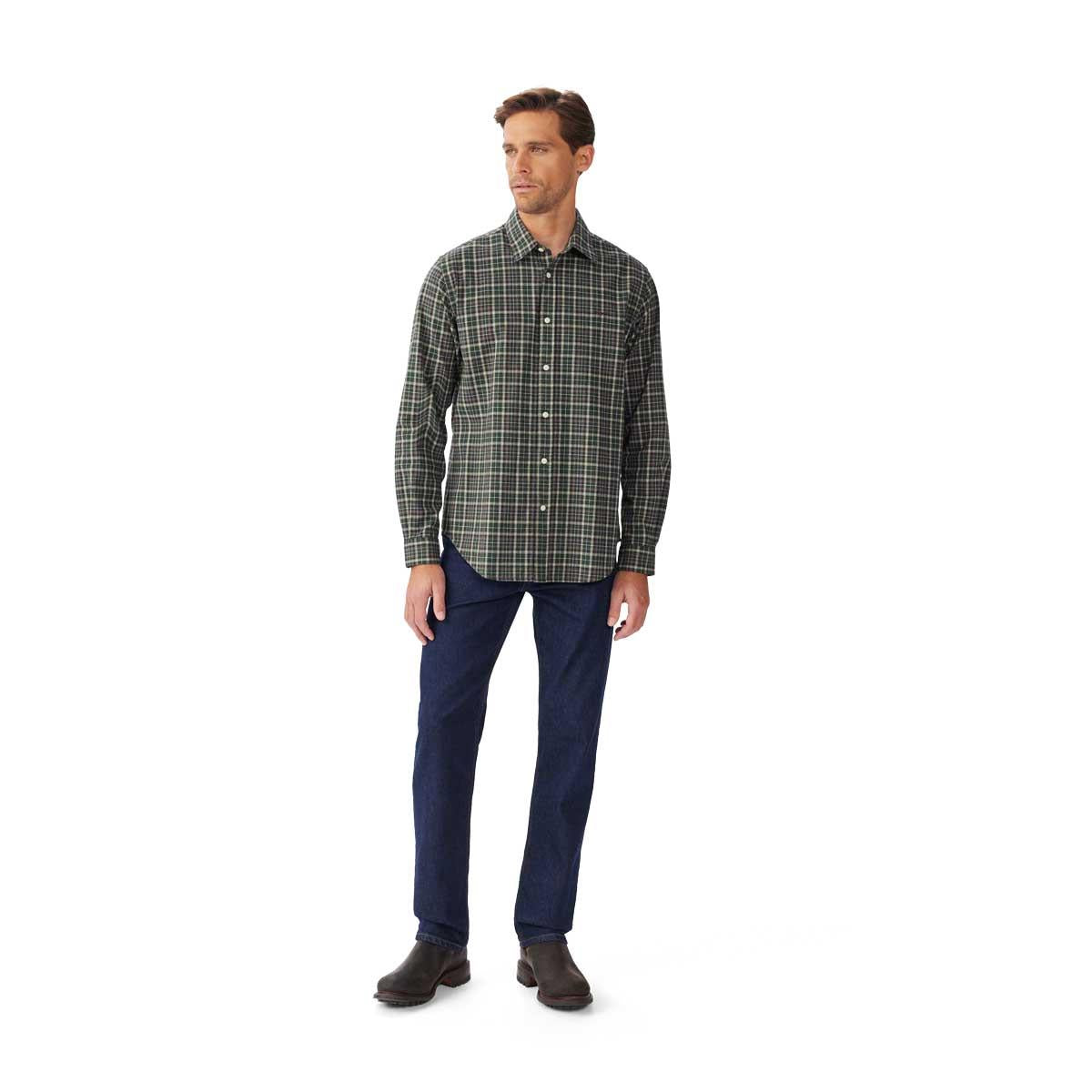 Pine Cream Red R.M. Williams Mens Lincoln Regular Oxford Shirt on model