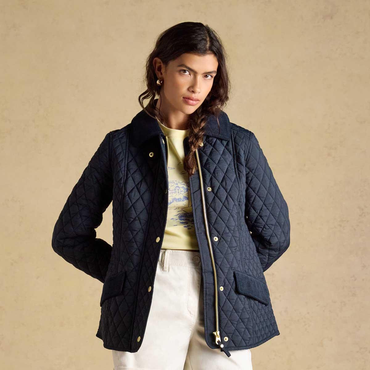 Navy Joules Womens Highclere Showerproof Quilted Jacket On Model