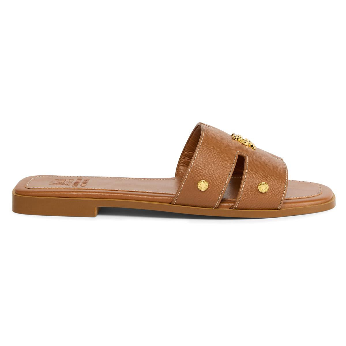 Tan Saffiano Holland Cooper Womens Heraldic Monogram Slides Side View