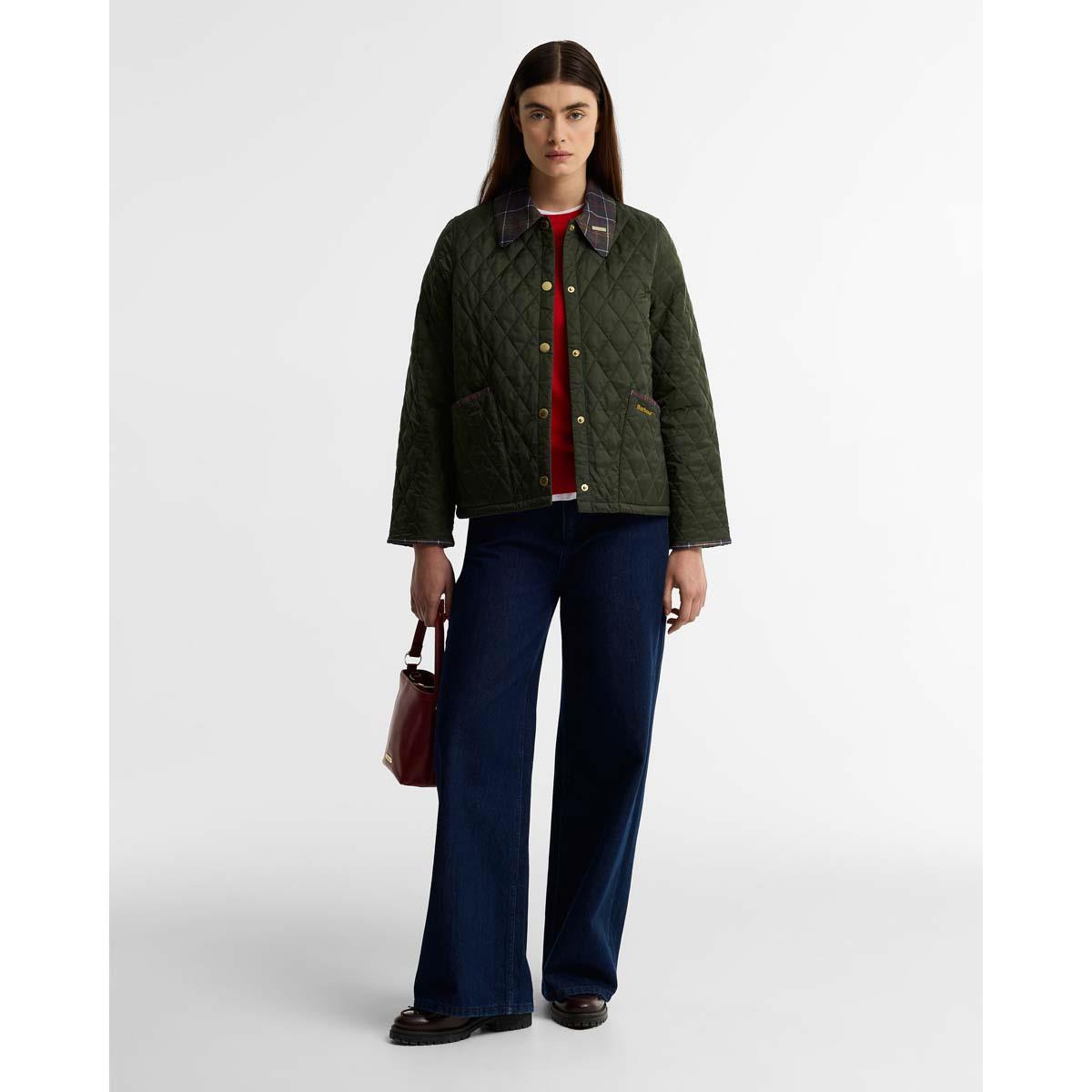 OLIVE Barbour Womens Icons Tartan Collar Cropped ON MODEL