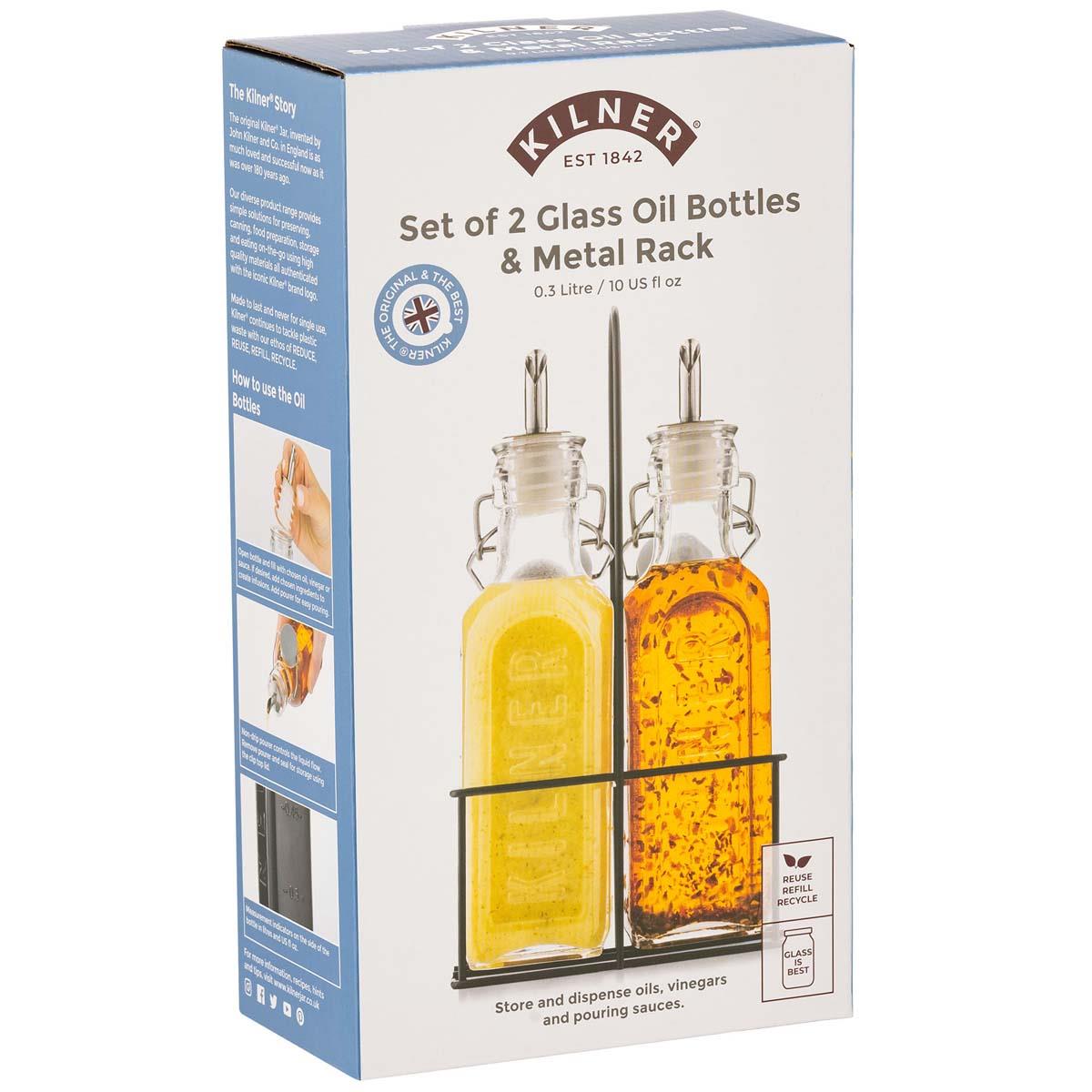 Kilner Set of 2 300ml Oil Bottles and Metal Rack BOX