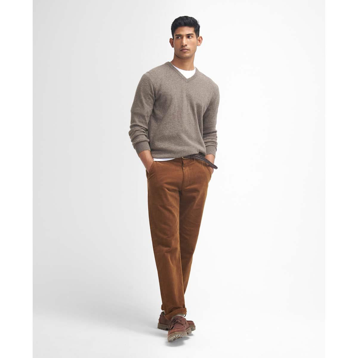 DARK HONEY Barbour Mens Stretch Cord Tailored Fit Trouser ON MODEL