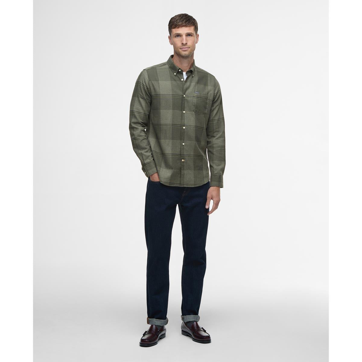 Olive Barbour Mens Heaney Checked Tailored Shirt On Model