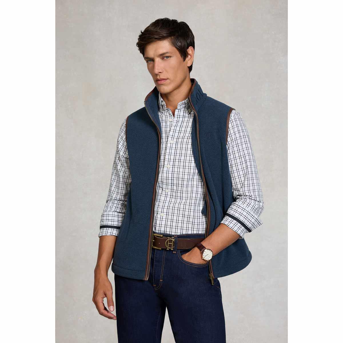 Dusty Blue Holland Cooper Mens Country Fleece Gilet On Model