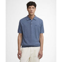Denim Barbour Mens Muston Linen Blend Knitted Polo Shirt Front