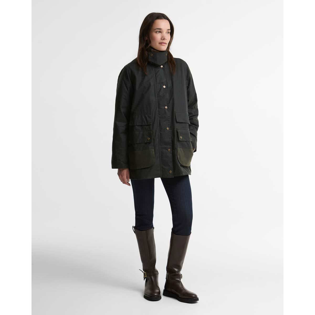 Sage/Classic Barbour Womens Modern Border Wax Jacket On Model