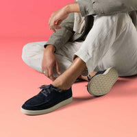 Navy Suede Clarks Mens Lockford Boat Shoes On Model