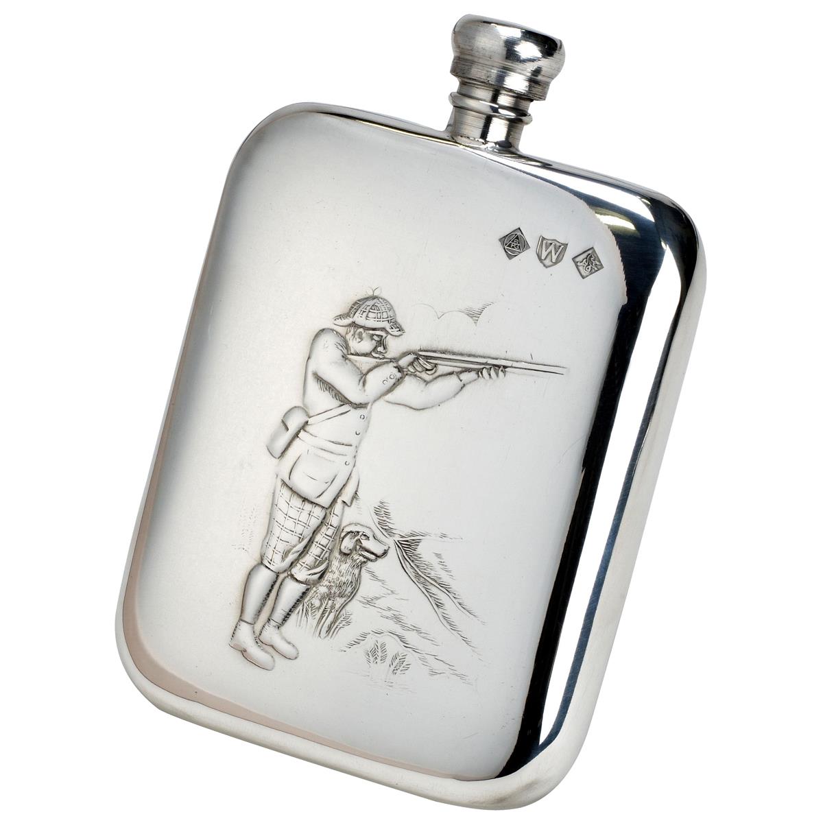 Pewter Bisley 6oz Shooter & Dog Hip Flask