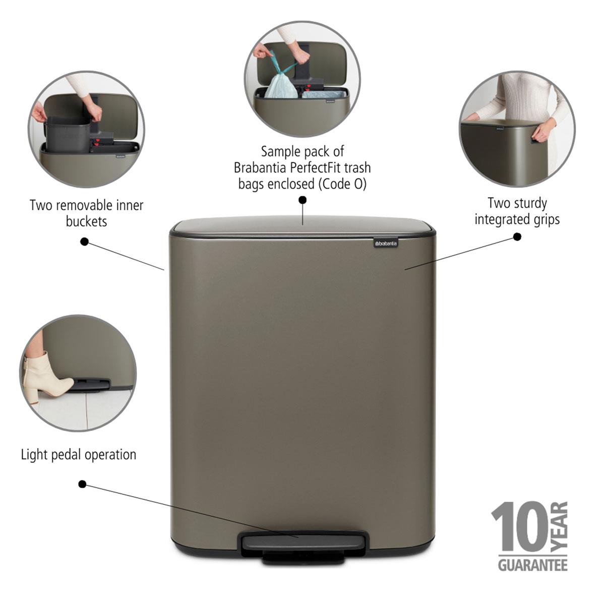 Platinum Brabantia Bo Pedal Bin 2x30 Litre Product Features