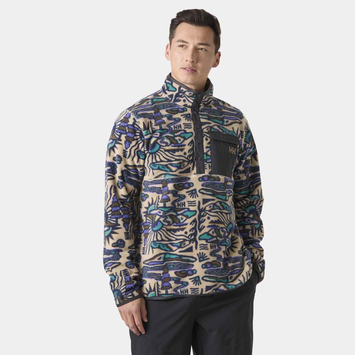 Khaki Rayco AOP Helly Hansen Mens Maridalen Printed Fleece ON MODEL