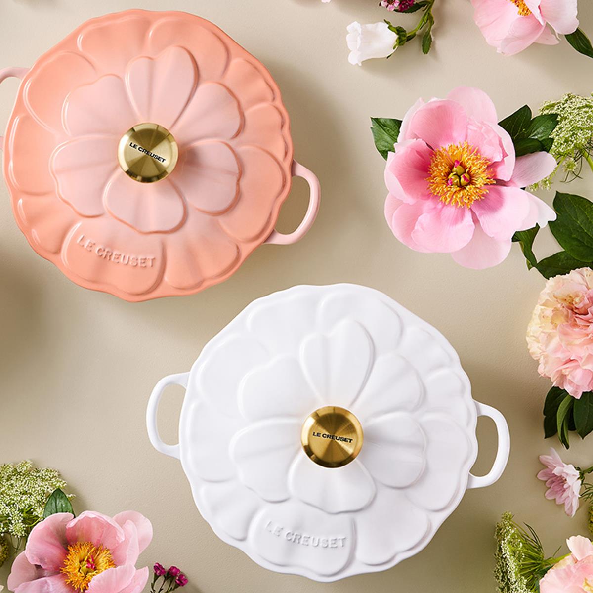 Peche and WHite Le Creuset 26cm Cast Iron Petal Casserole