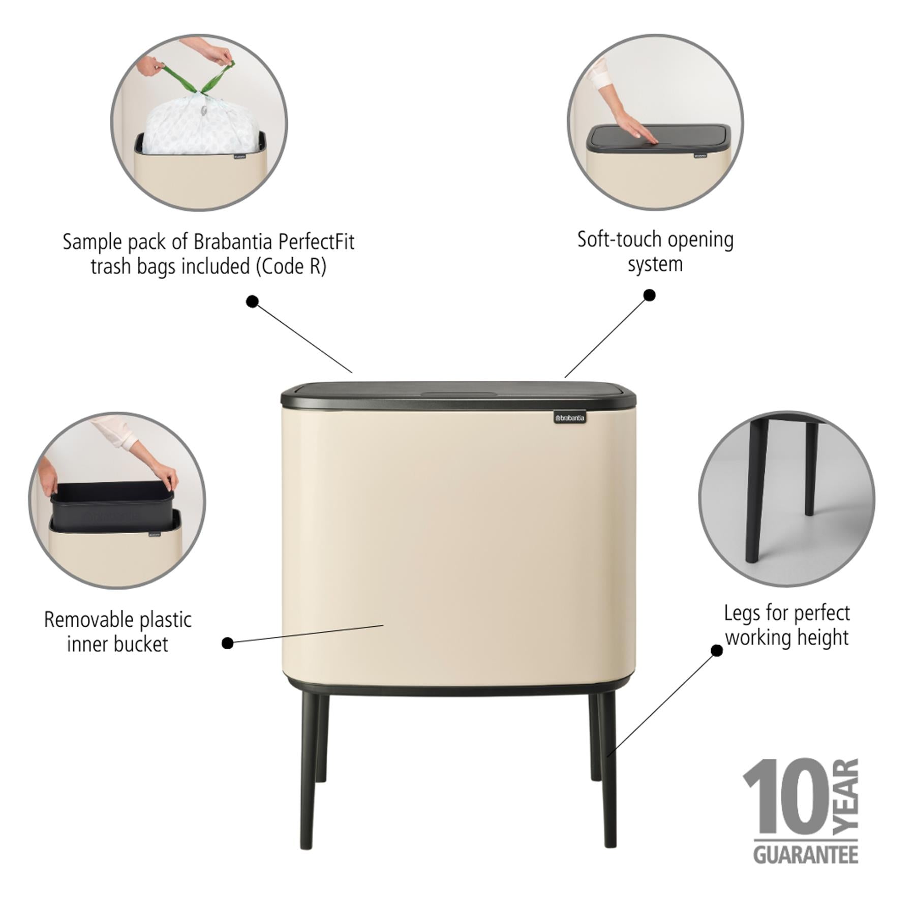 Soft Beige Brabantia Bo Touch Bin 36 Litre Product Features