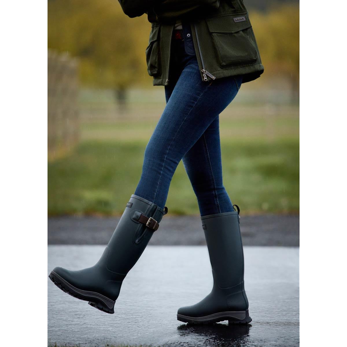 Deep Navy Ariat Womens Woodstock Wellington Boots Lifestyle In Use Outdoors