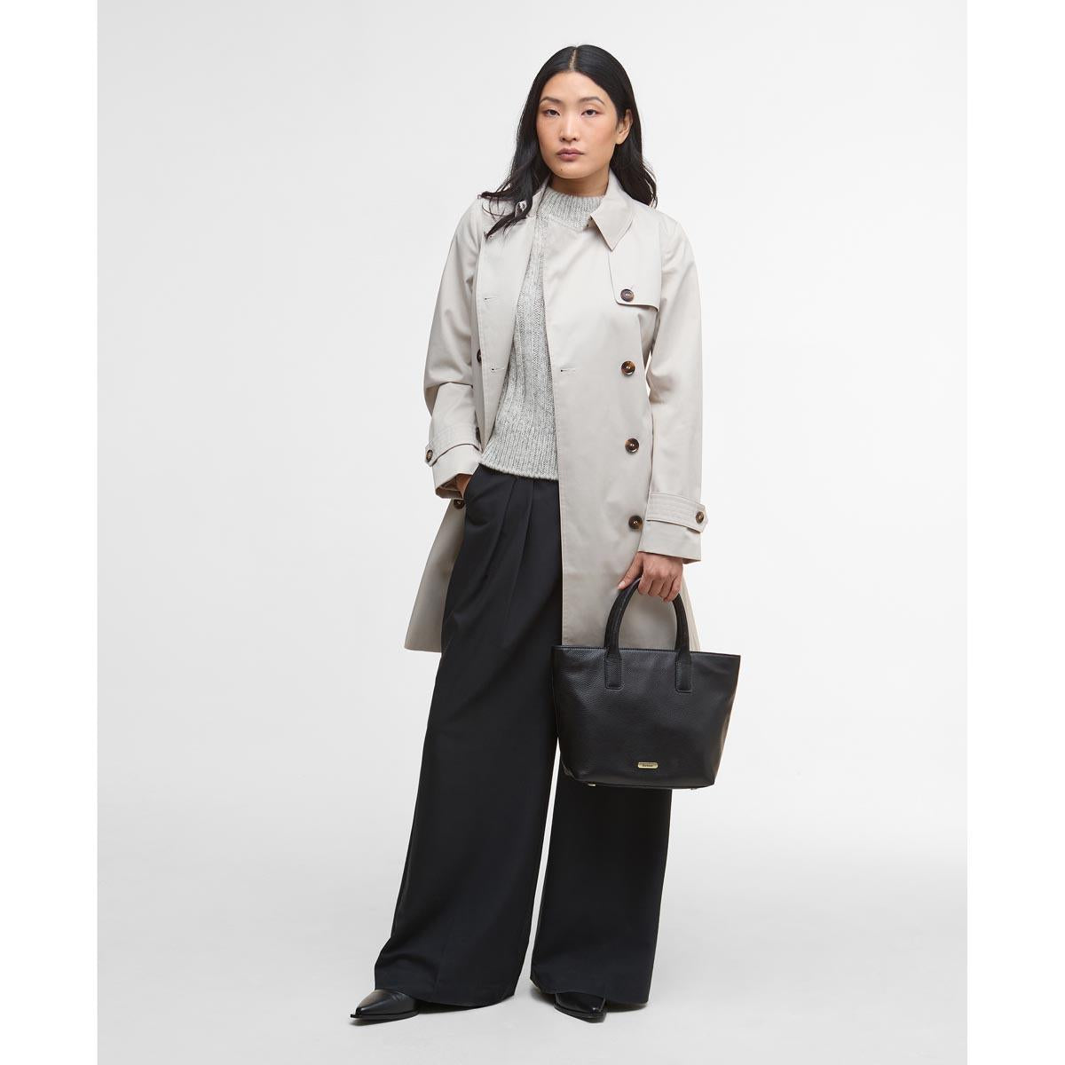Black Barbour Womens Birch Leather Tote Bag On Model