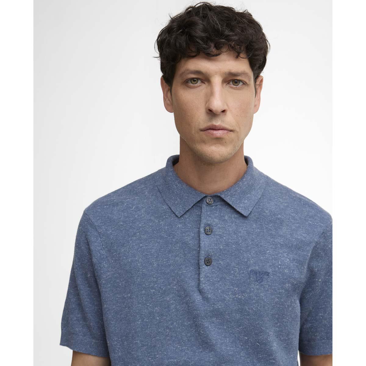 Denim Barbour Mens Muston Linen Blend Knitted Polo Shirt Chest
