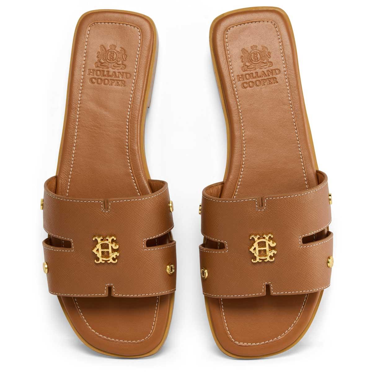 Tan Saffiano Holland Cooper Womens Heraldic Monogram Slides Top View