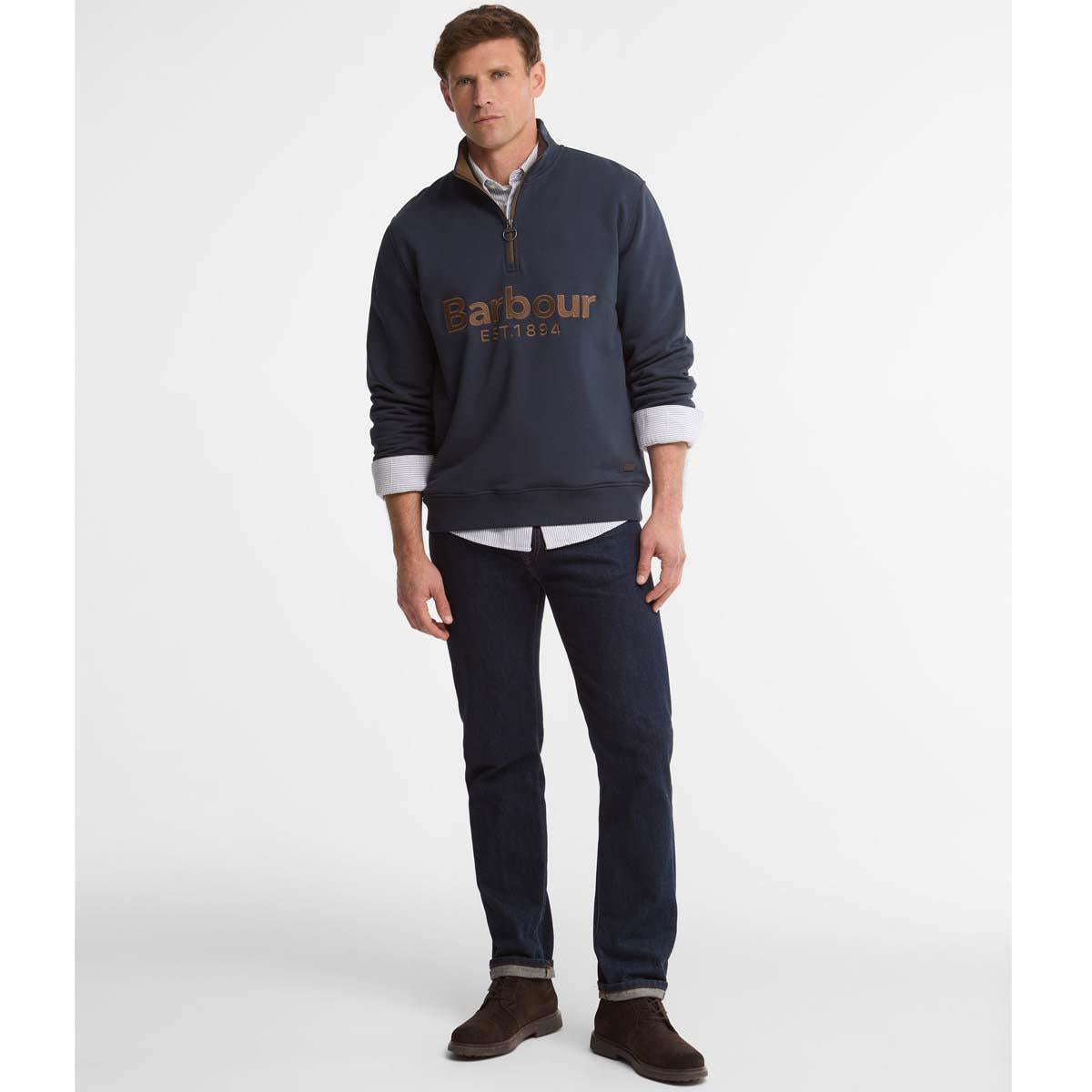 Navy Barbour Mens Fosse Half Zip Sweatshirt ON MODEL