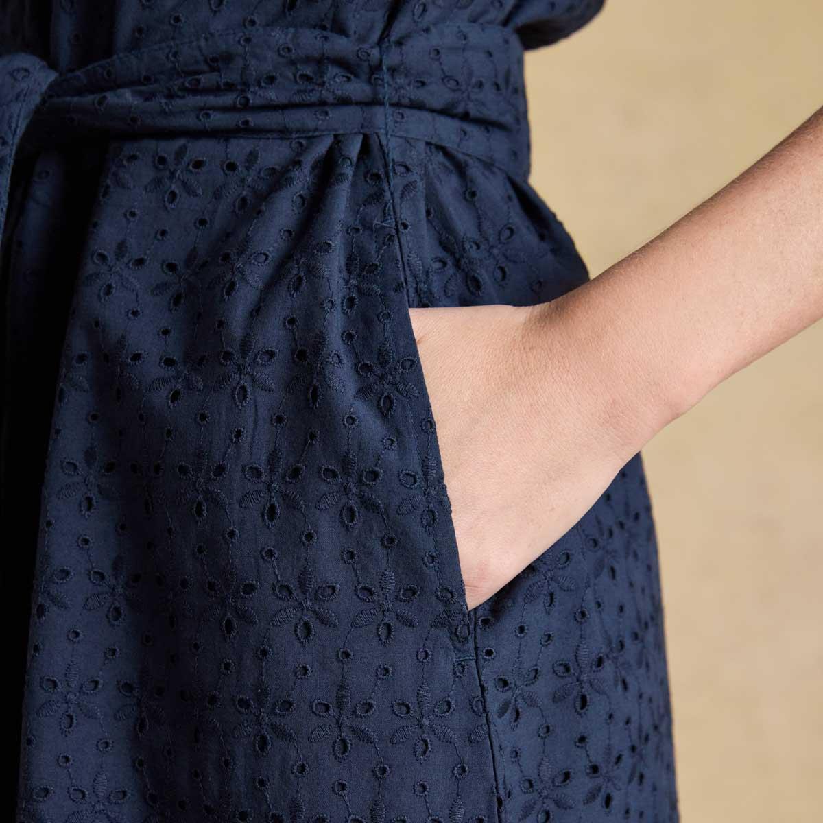 Navy Joules Womens Susanna Broderie Dress On Model Pocket Detail