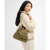 Dusky Green Barbour Mia Drawstring Tote Bag On Model