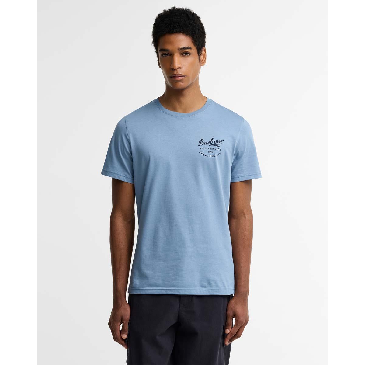 Tarn Blue Barbour Mens Script Graphic T-Shirt FRONT