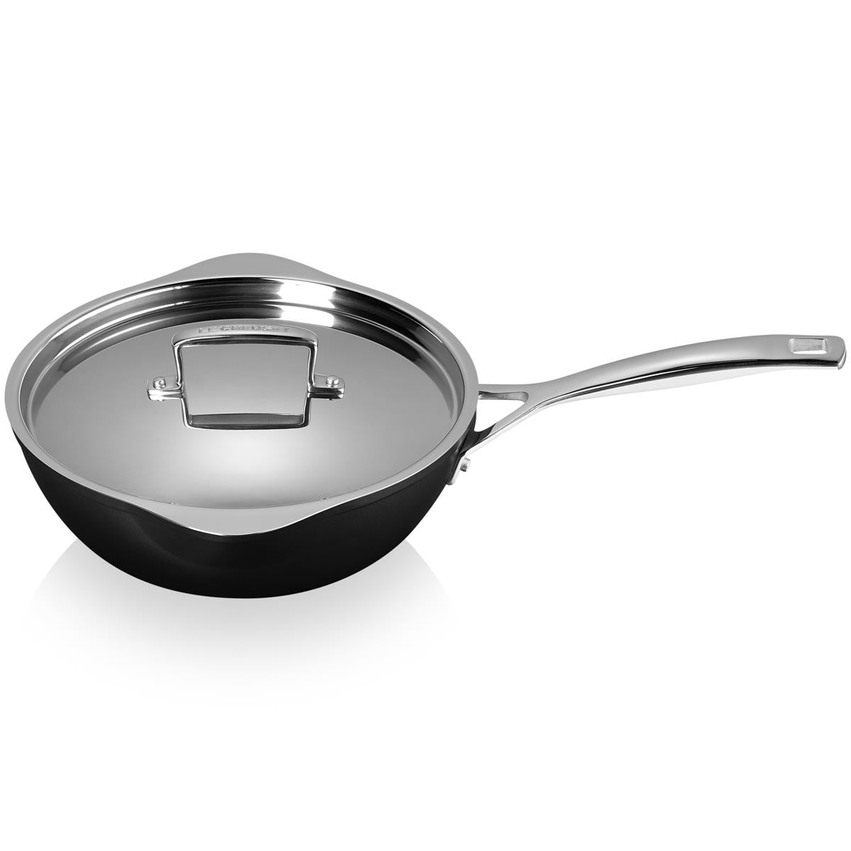 Le Creuset Toughened Non-Stick 24cm Chefs Pan With Pour Spout Lifestyle Angle