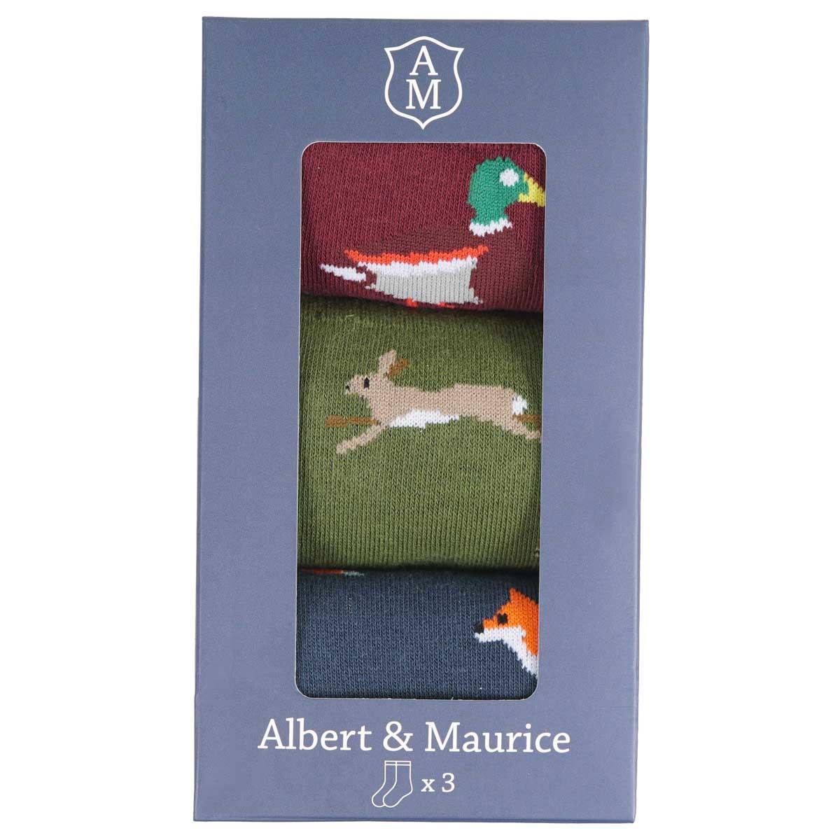 Albert and Maurice Mens Socks Gift Set Pack Of 3 Red Duck/Green Hare/Blue Fox
