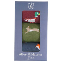 Albert and Maurice Mens Socks Gift Set Pack Of 3 Red Duck/Green Hare/Blue Fox