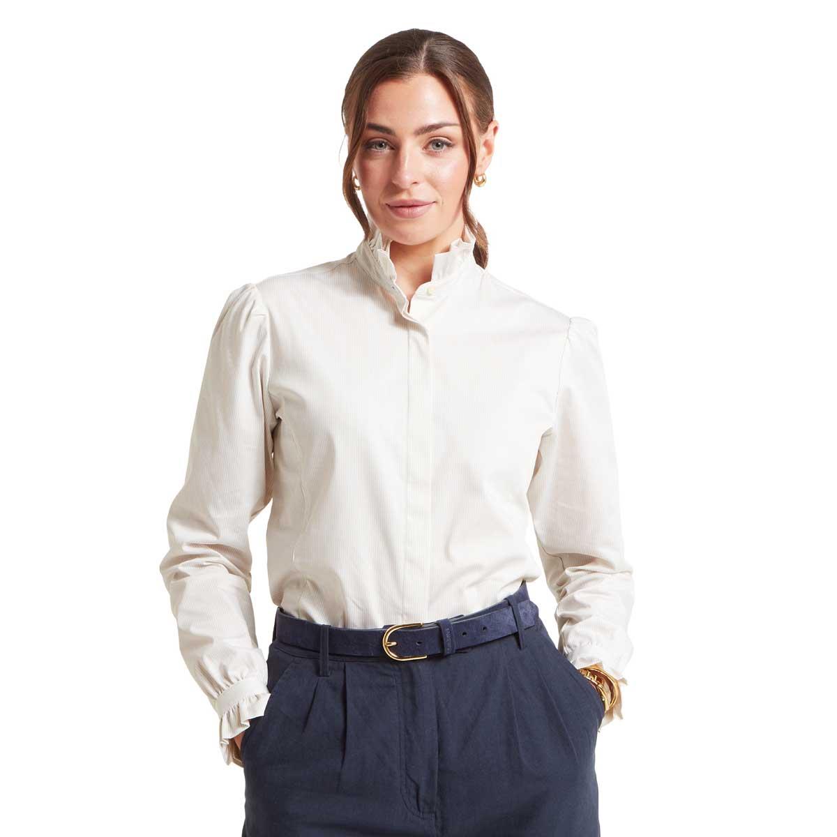 Linen Stripe Schoffel Womens Fakenham Shirt On Model