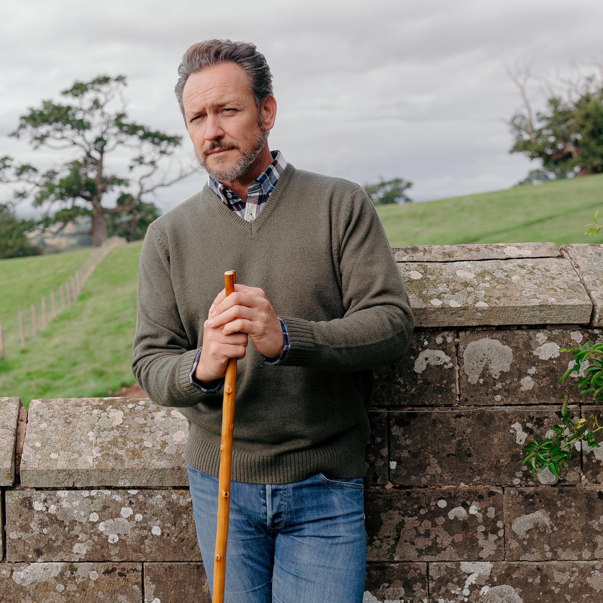 Albert and Maurice Mens Eastnor Olive Lambswool V Neck Jumper Lifestyle