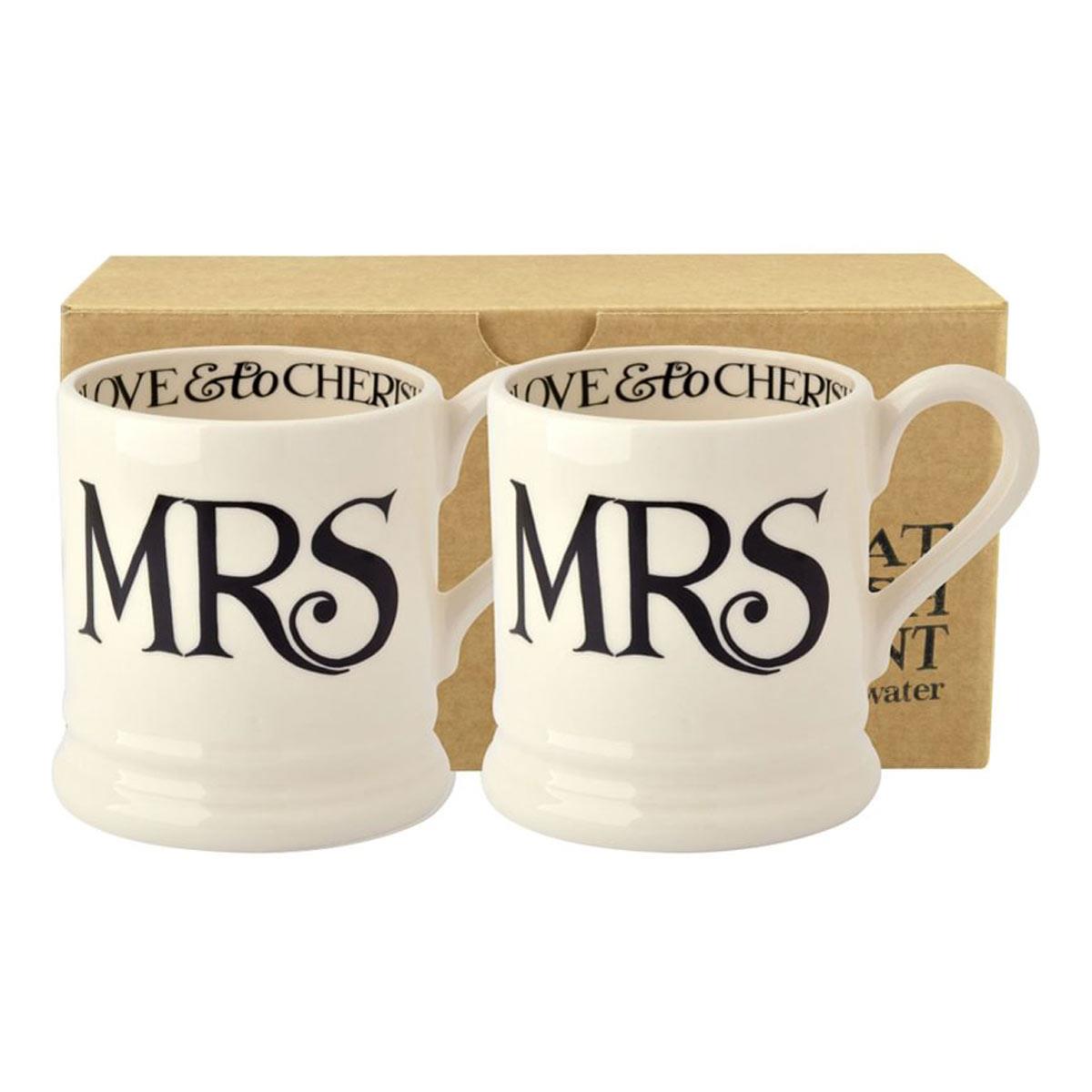 Emma Bridgewater Black Toast MRS & MRS Set Of 2 Half Pint Mugs Boxed
