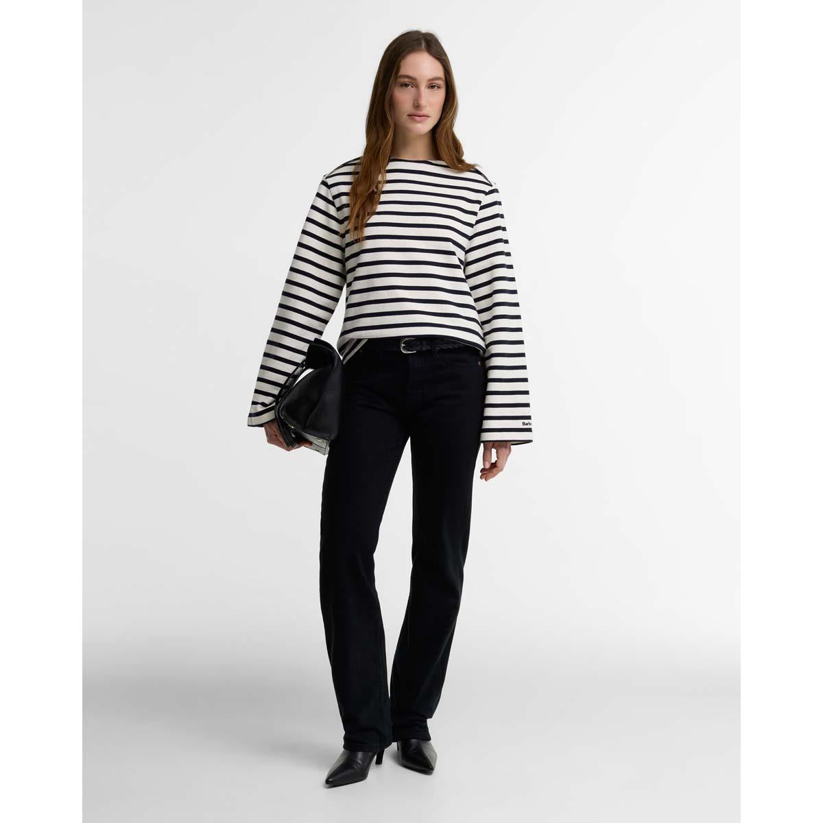 Cloud/Dark Navy Barbour Womens Amryn Striped Sweatshirt ON MODEL