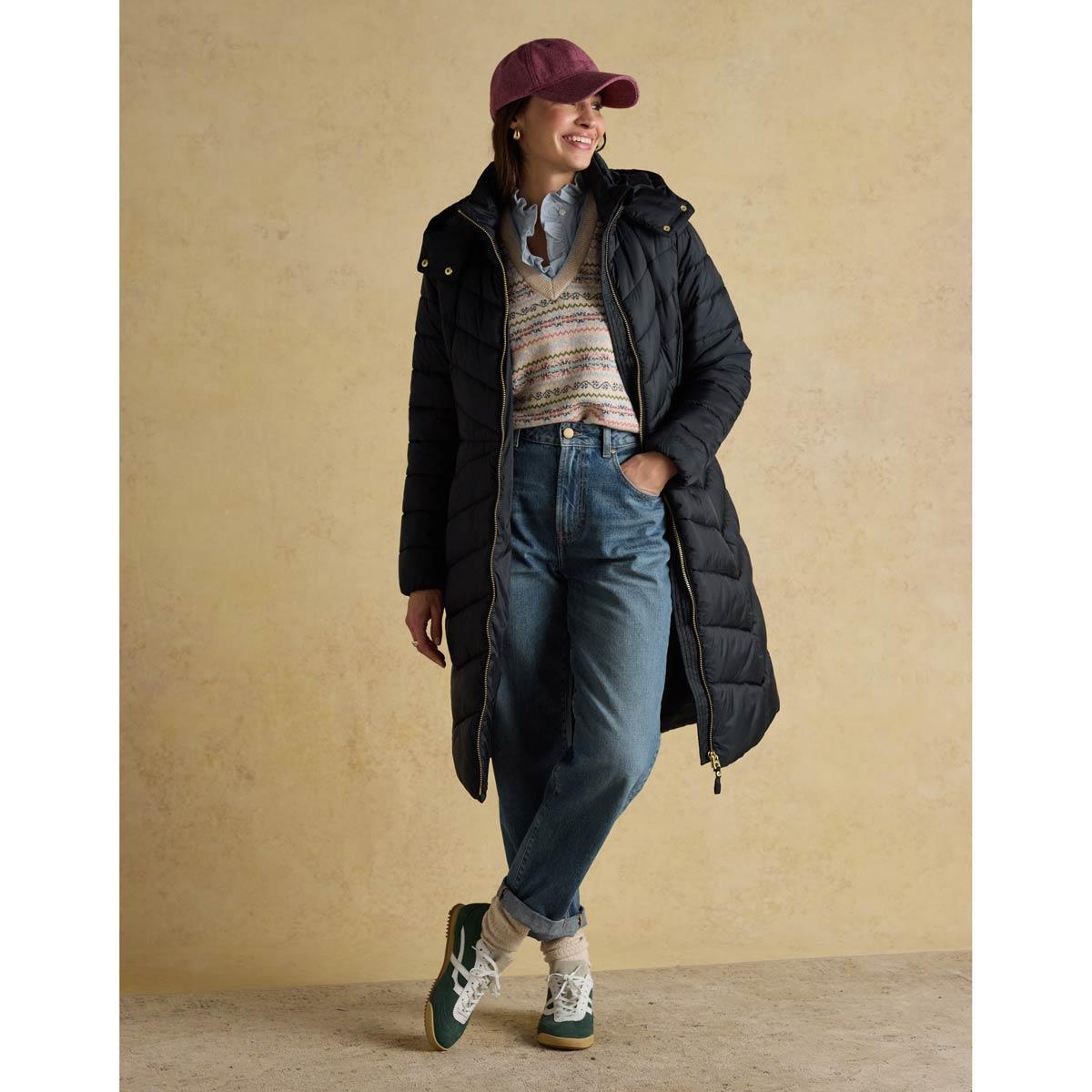 Navy Joules Womens Pembury Showerproof Longline Padded Coat On Model