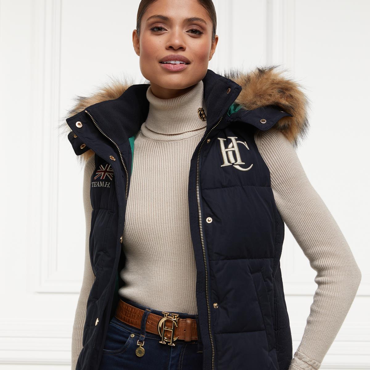 Ink navy Holland Cooper Womens Team Hooded Gilet Model