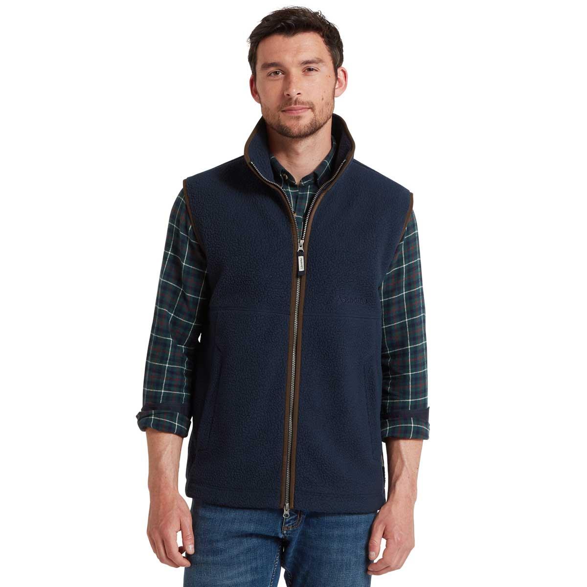 True Navy Schoffel Mens Oakham Retro Fleece Gilet On Model