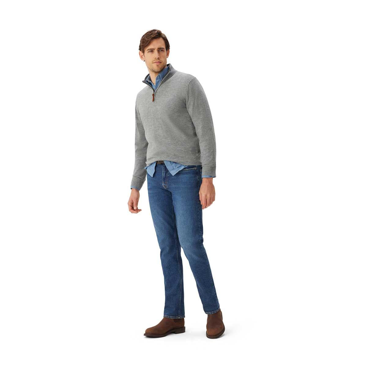 Sea Mist R.M. Williams Mens Ernest 1/4 Zip Merino Knit Jumper on model